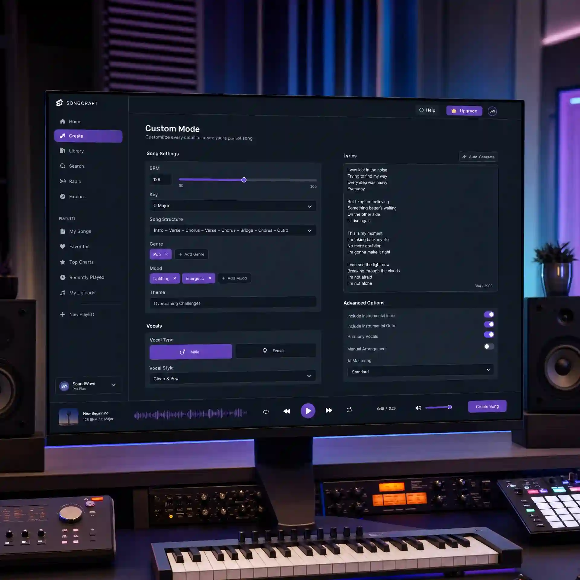BeatBun custom mode is shown as a more precise workspace, where genre, mood, instrumentation, and vocal choices can be refined without losing the momentum of the first idea.