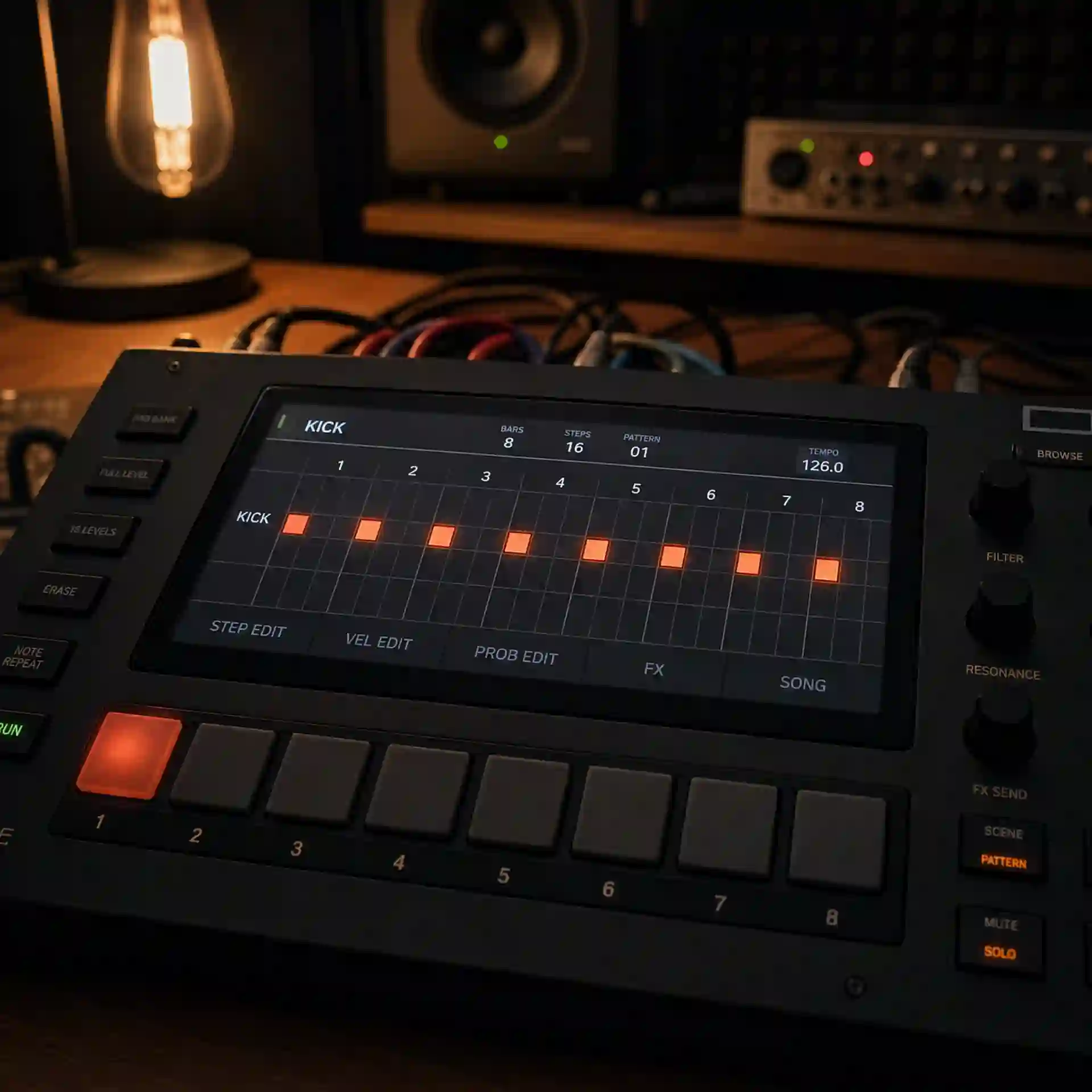 An eight bar drum arrangement teaches how to make edm music with a playable kick, clap, closed hat, and percussion groove that establishes dance floor movement.