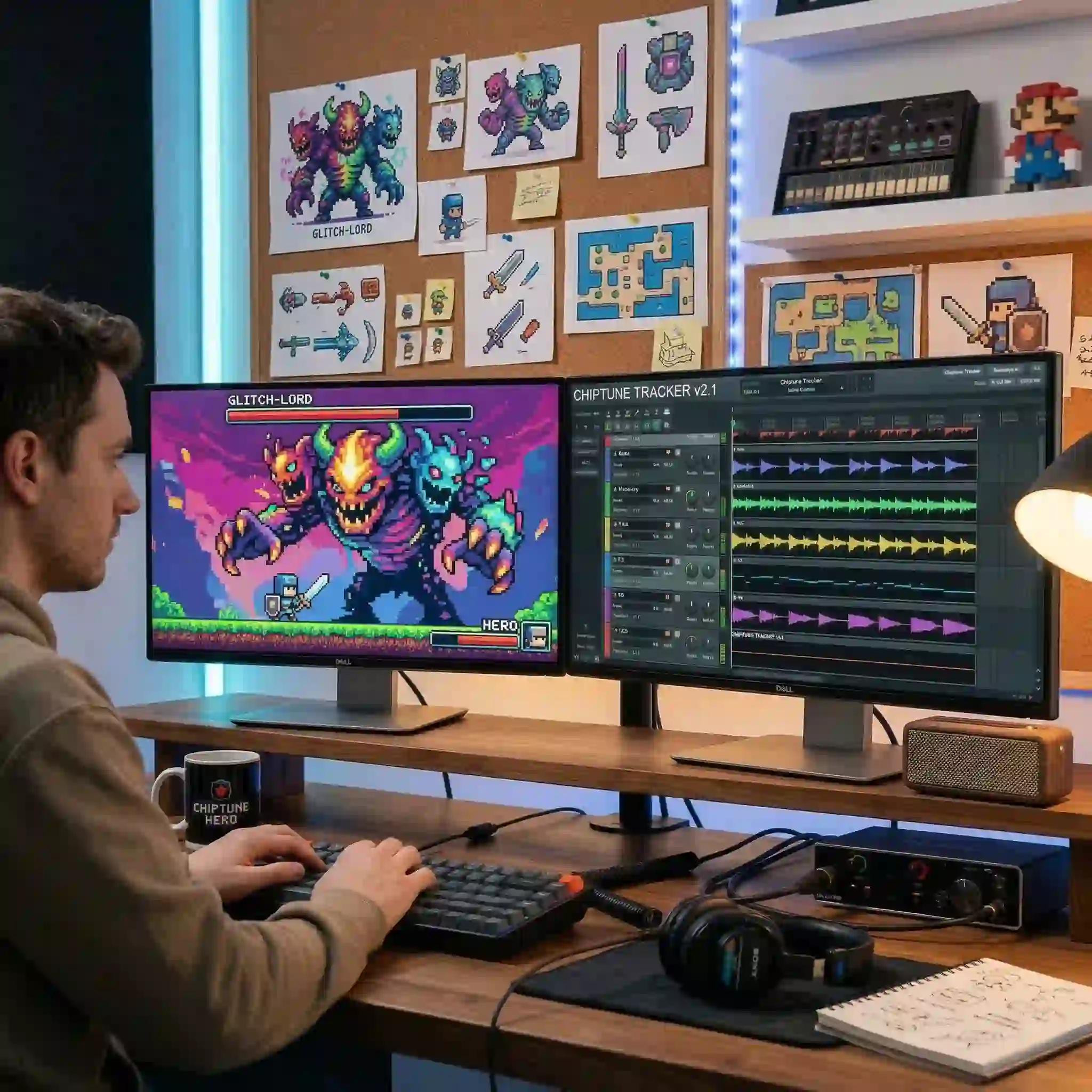 Elevate your pixel art games with immersive background scores and dynamic boss battle themes crafted by our powerful 8 bit music generator retro game music creator.