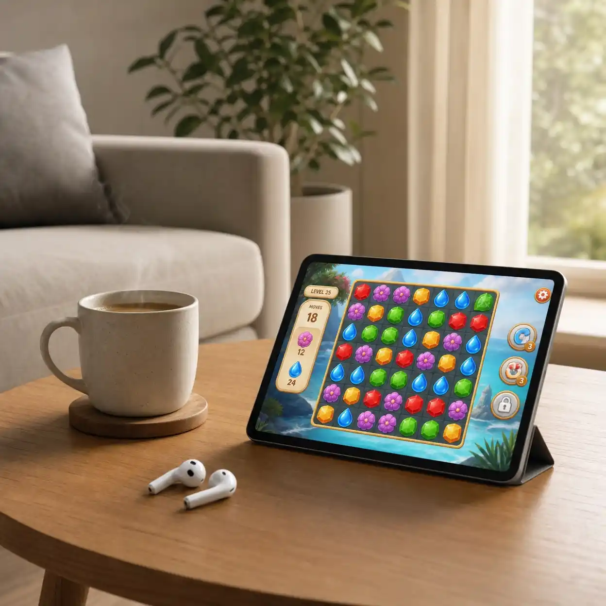 ai game music casual puzzle artwork showing calm acoustic guitar and soft piano loops that support focus, patience, retention, and relaxing gameplay.