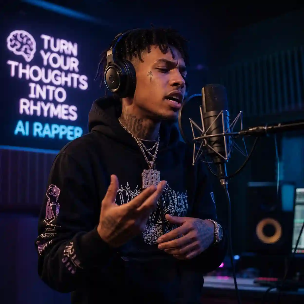 ai rap song generator rapper AI artwork showing ideas turning into rhymes, complex flow patterns, and confident performances for creators across verses, hooks, and song concepts.