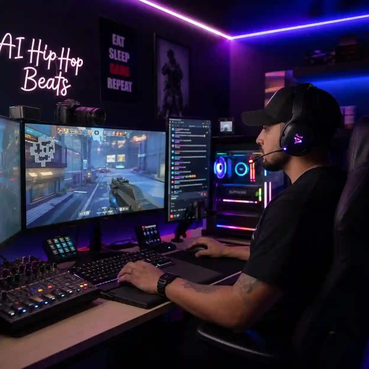 ai rap song generator gaming streaming artwork showing copyright safe hip hop beats for live sessions, action games, lo-fi moods, viewers, and every broadcast.